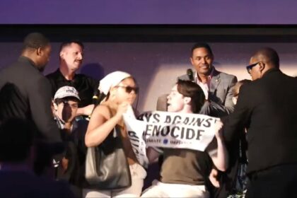 Rep. Ritchie Torres is interrupted by pro-Palestinian protesters at WelcomeFest on June 4. 2025.
